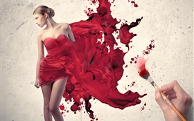 Dibuja de la muchacha del vestido rojo, imágenes creativas HD fondos de pantalla