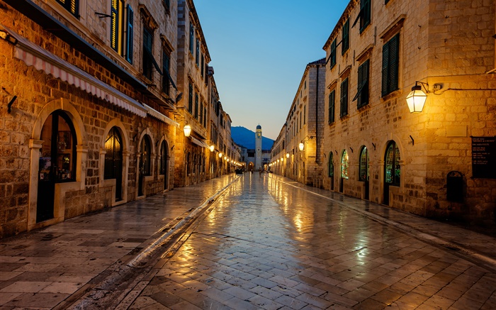Dubrovnik, Croacia, puesta del sol, sendero, casa, luces Fondos de pantalla, imagen