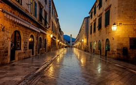 Dubrovnik, Croacia, puesta del sol, sendero, casa, luces