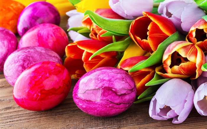 Huevos de Pascua, flores del tulipán Fondos de pantalla, imagen