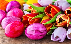 Huevos de Pascua, flores del tulipán HD fondos de pantalla