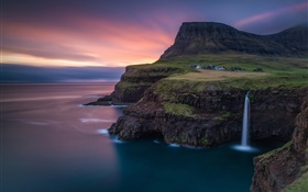 Islas Feroe, cascada, Atlántico, montañas, rocas, casa, atardecer HD fondos de pantalla