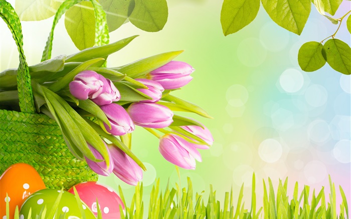 Flores, tulipanes púrpuras, hierba, primavera, huevos de Pascua, Fondos de pantalla, imagen