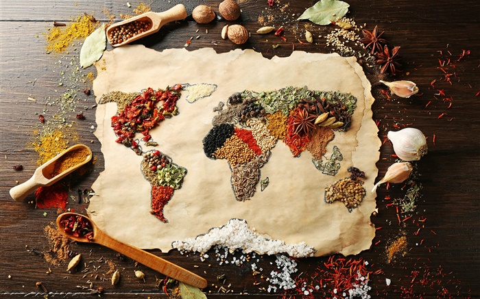 Alimentos, especias, superficie, mapa del mundo, imágenes creativas Fondos de pantalla, imagen