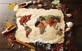 Alimentos, especias, superficie, mapa del mundo, imágenes creativas HD fondos de pantalla