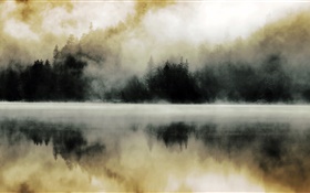 Bosque, lago, niebla, amanecer, la reflexión del agua