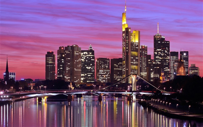 Frankfurt, Alemania, ciudad, río, puente, luces, rascacielos Fondos de pantalla, imagen