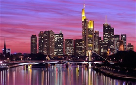 Frankfurt, Alemania, ciudad, río, puente, luces, rascacielos