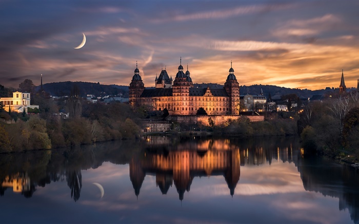 Alemania, Aschaffenburg, noche, luna, las nubes, la reflexión del agua Fondos de pantalla, imagen