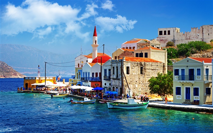 Grecia, la ciudad, el muelle, barco, casa Fondos de pantalla, imagen