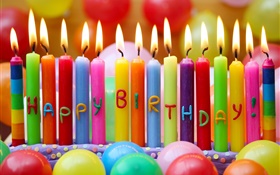 Feliz cumpleaños, velas de colores, fuego, globos HD fondos de pantalla