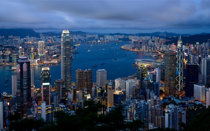 Hong Kong, ciudad, edificios, cielo nublado, mañana Fondos de pantalla, imagen