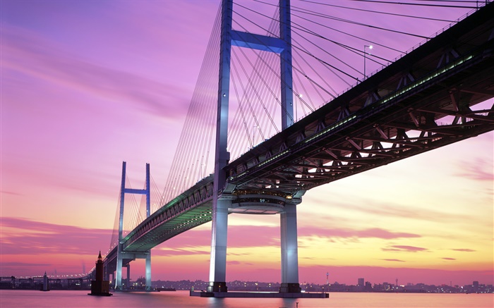 Japón, puente, mar, puesta del sol Fondos de pantalla, imagen
