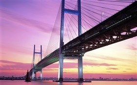 Japón, puente, mar, puesta del sol