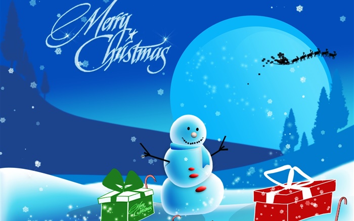 Feliz Navidad, imágenes de arte, muñeco de nieve, nieve, regalos, luna Fondos de pantalla, imagen