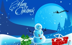 Feliz Navidad, imágenes de arte, muñeco de nieve, nieve, regalos, luna HD fondos de pantalla