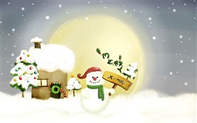 Feliz Navidad, muñeco de nieve, árboles, luna, casa, nieve