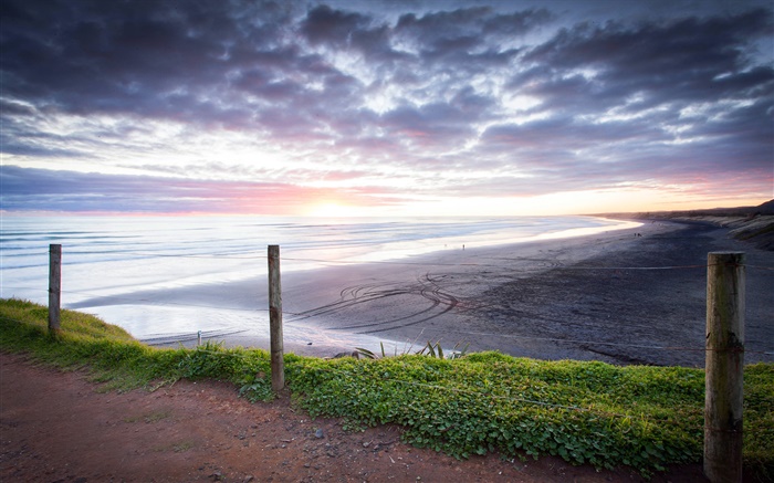 Muriwai playa, puesta del sol, Auckland, Nueva Zelanda Fondos de pantalla, imagen