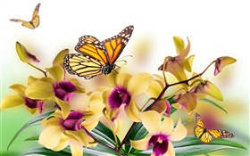 Orquídea, flores, hojas, pétalos, mariposa