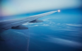 Avión de pasajeros, cielo, nubes, ala de avión