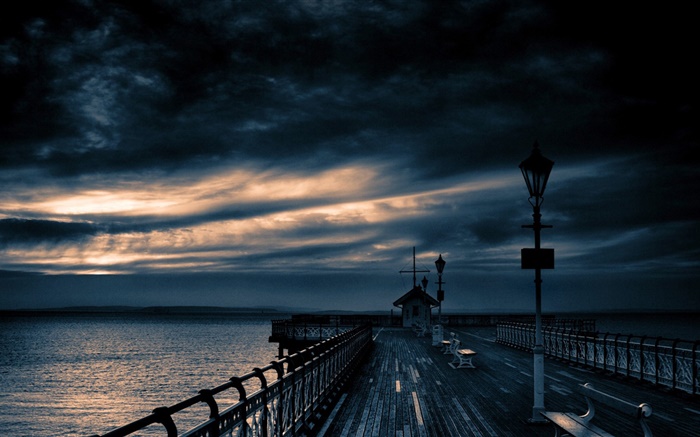 Pier, mar, atardecer, el cielo nublado Fondos de pantalla, imagen