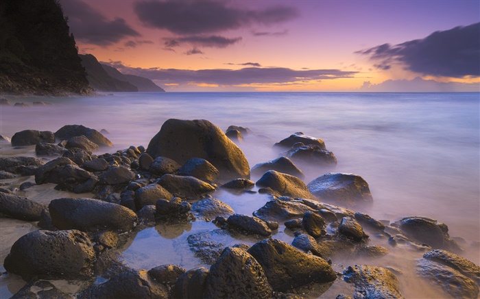 Rocas, playa, mar, puesta del sol, Hawai, EE.UU. Fondos de pantalla, imagen