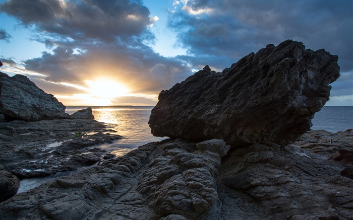 Rocas, mar, puesta del sol, Coromandel, Nueva Zelanda Fondos de pantalla, imagen