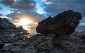 Rocas, mar, puesta del sol, Coromandel, Nueva Zelanda