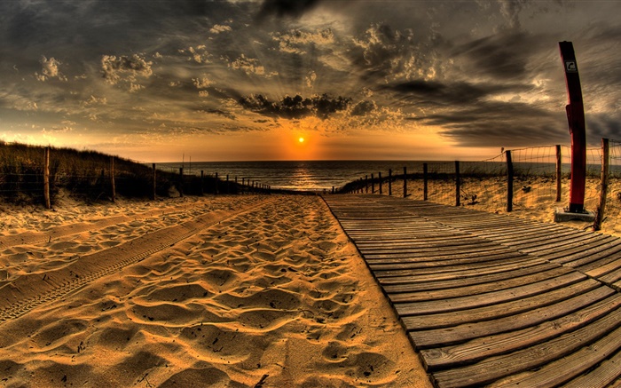 arenas, playa, embarcadero, puesta del sol, nubes Fondos de pantalla, imagen