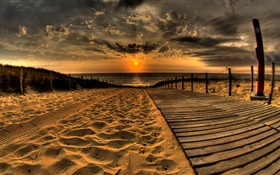 arenas, playa, embarcadero, puesta del sol, nubes