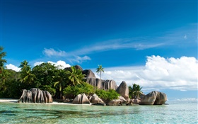 Seychelles Isla, mar, costa, piedras, palmeras, nubes