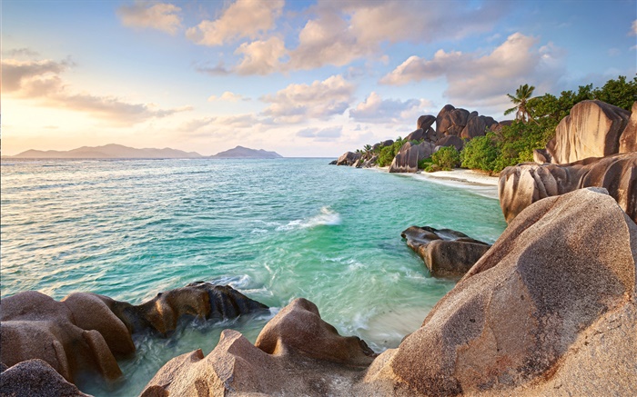 Islas Seychelles, piedras, mar, costa, playa, puesta del sol Fondos de pantalla, imagen