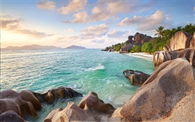 Islas Seychelles, piedras, mar, costa, playa, puesta del sol HD fondos de pantalla