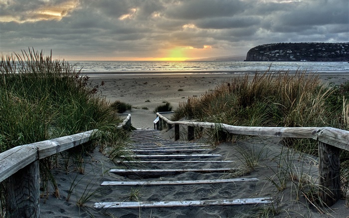 Sunrise, escaleras, Costa, Costa Sur, Christchurch, Nueva Zelanda Fondos de pantalla, imagen