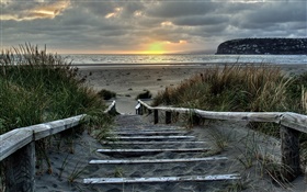 Sunrise, escaleras, Costa, Costa Sur, Christchurch, Nueva Zelanda HD fondos de pantalla
