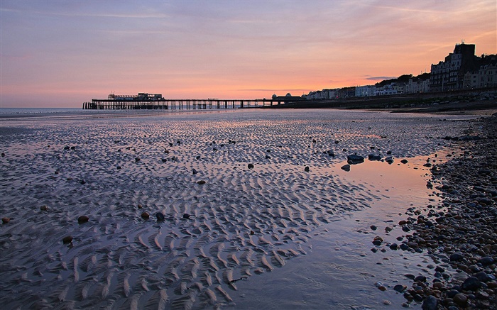 Puesta de sol, muelle, playa, atardecer, Hastings, Inglaterra Fondos de pantalla, imagen