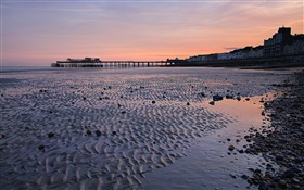 Puesta de sol, muelle, playa, atardecer, Hastings, Inglaterra