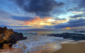 Puesta de sol, mar, costa, Secret Beach, Maui, Hawai, EE.UU.