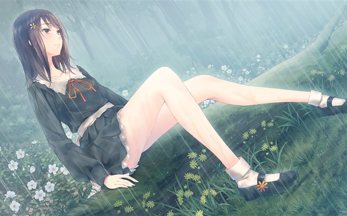 Chica Anime, las flores, la lluvia Fondos de pantalla, imagen