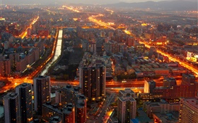 Beijing, China, de la medianoche, los edificios, las luces