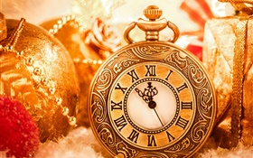 Decoración de Navidad, reloj, bolas, Año Nuevo