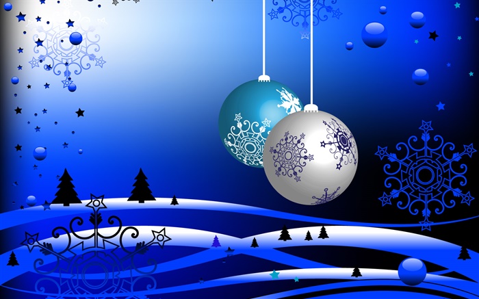 Tema de Navidad, vector imágenes, las bolas, árboles, nieve, estilo azul Fondos de pantalla, imagen