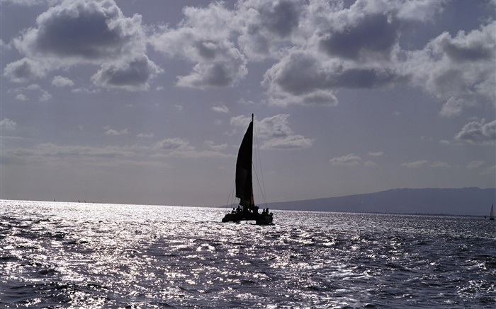 Anochecer, mar, barco, nubes Fondos de pantalla, imagen