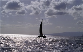 Anochecer, mar, barco, nubes HD fondos de pantalla