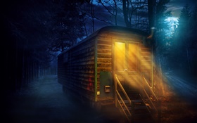 Bosque, noche, luna llena, casa de madera, luces HD fondos de pantalla