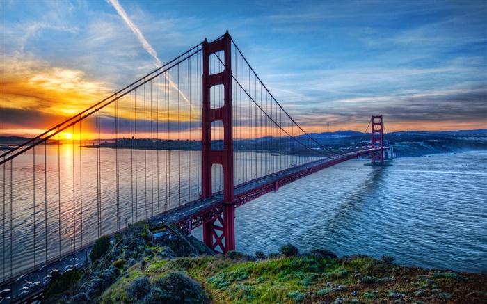 Puente Golden Gate, San Francisco, California, EE.UU., mar, cielo, puesta del sol Fondos de pantalla, imagen