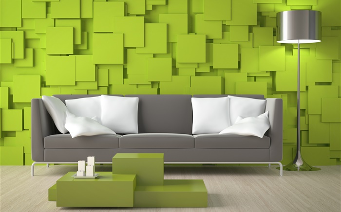 Sala de estar, sofá, paredes verdes, lámpara Fondos de pantalla, imagen