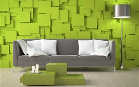 Sala de estar, sofá, paredes verdes, lámpara