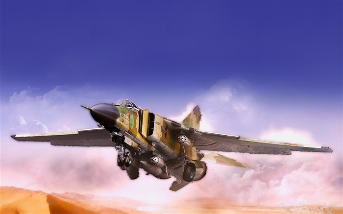 Caza MiG, volando, desierto, nubes Fondos de pantalla, imagen