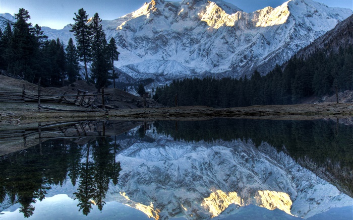 Montañas, lago, árboles, reflexión del agua, nieve Fondos de pantalla, imagen